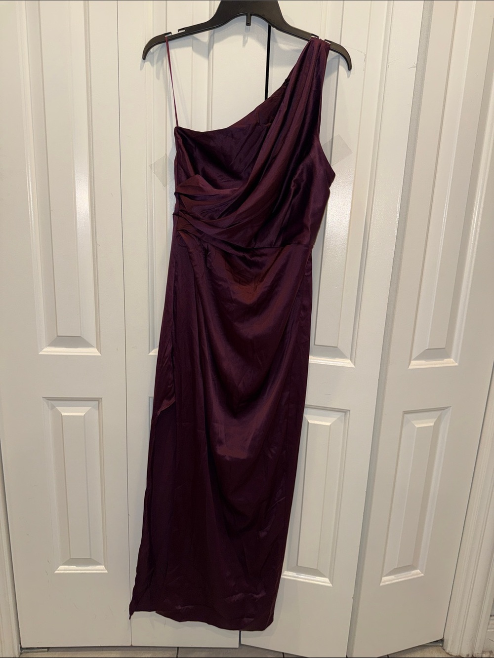 Fashion Nova One-Shoulder Draped Gown in Deep Plum
